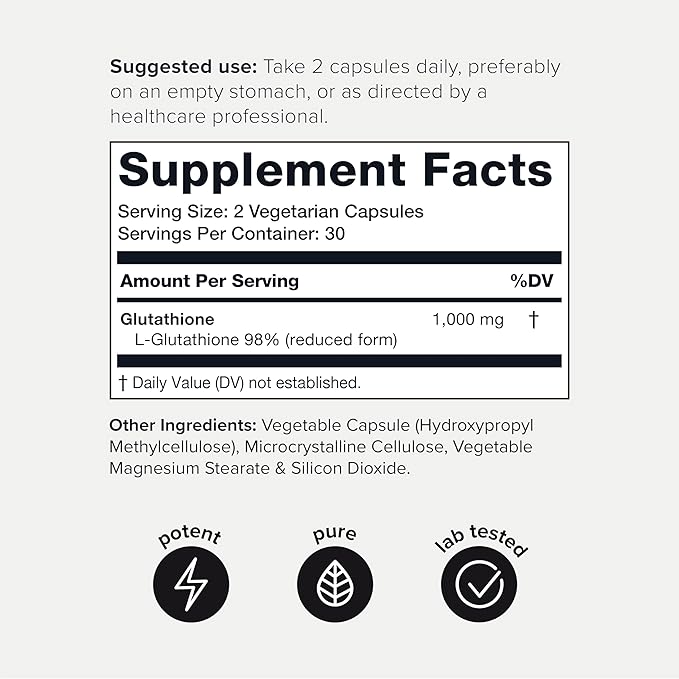 Toniiq Ultra High Strength Glutathione Capsules - 1000mg Concentrated Formula - 98%+ Highly Purified and Bioavailable - Non-GMO Fermentation - 60 Capsules Reduced Glutathione Supplement