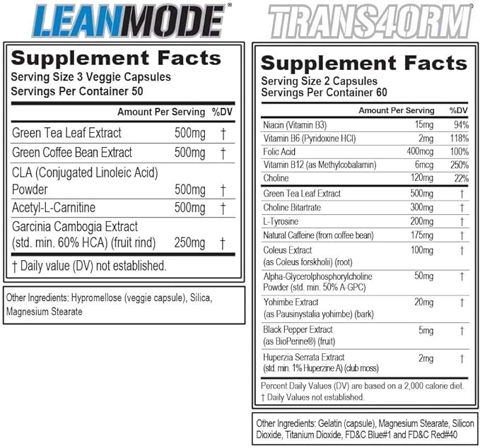 EVL Weight Loss Support Stack - Trans4orm Thermogenic Fat Burner Support Pills with Green Coffee Bean Extract and Forskolin Plus LeanMode Non-Stimulant Metabolism and Fat Loss Support Pills