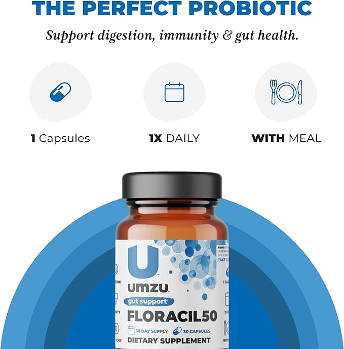 UMZU Floracil50 Prebiotics and Probiotics Supplement for Gut Health | 50 Billion CFU with 8 Strains of Bacteria to Support Digestion, Immunity & Energy (30 Day Supply | 30 Capsules)