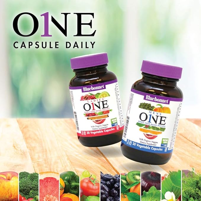 Bluebonnet Nutrition One for Men Whole Food-Based Multiple, Daily Nutrition*, Non-GMO, Vegetarian Friendly, Kosher, Gluten-Free, Soy-Free, Dairy-Free, Iron Free, 30 Vegetable Capsules, 30 Servings