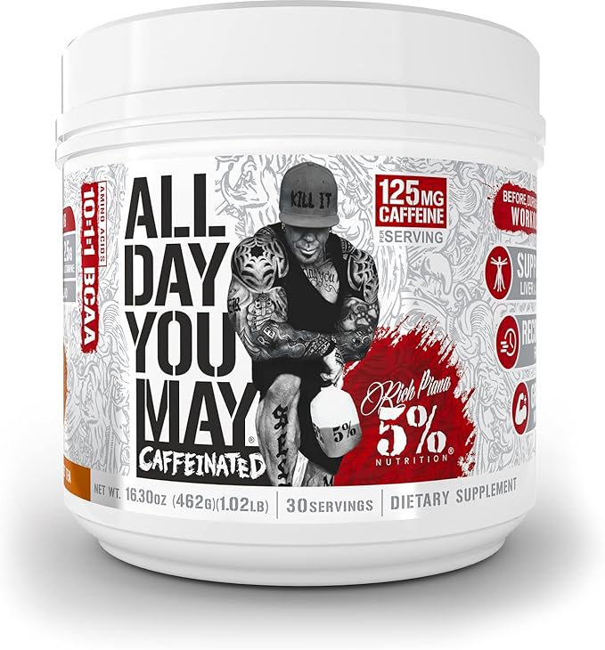 5% Nutrition Rich Piana AllDayYouMay Caffeinated BCAA Energy Powder | Premium Pre Workout Amino Energy & Electrolytes | Hydration, Endurance & Recovery | 16.3 oz, 30 Servings (Southern Sweet Tea)