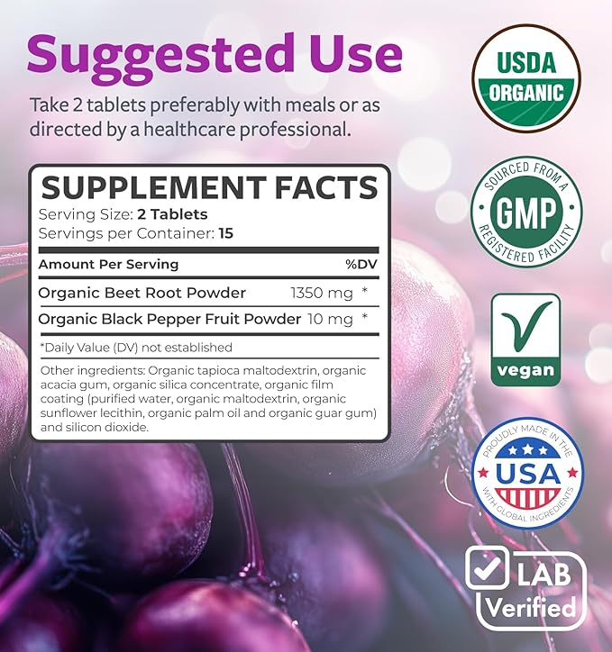 USDA Organic Beet Root Powder (30 Tablets) 1350mg Beets Per Serving with Black Pepper for Extra Absorption - Super Antioxidant and Nitrate Supplement for Athletic Performance and Stamina- No Capsules