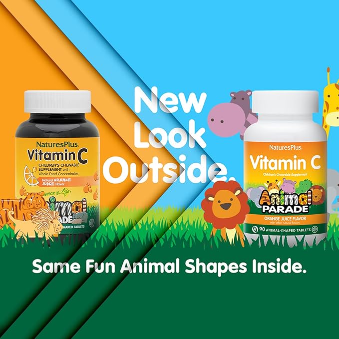 Natures Plus Animal Parade Vitamin C Children's Chewable - Natural Orange Juice Flavor - 90 Animal-Shaped Tablets - Vegan, Vegetarian, Gluten Free - 45 Servings