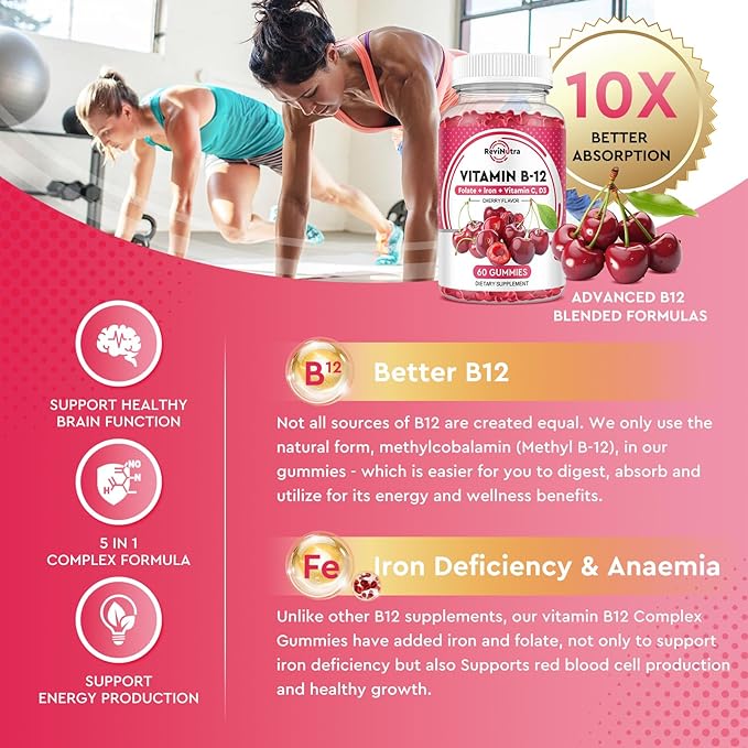 Vitamin B12 Gummies - 5000 mcg Methylcobalamin with Iron, Vitamin C, D3 & Folate, Energy Support and Metabolism, Immune, B-12 Complex Chewable Supplement for Men & Women, 120 Count, 2 Pack