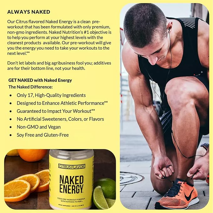 Naked Citrus Naked Energy - Citrus Flavored Clean Pre Workout Supplement for Men and Women, Vegan Friendly, No Added Sweeteners, Colors Or Flavors - 30 Servings
