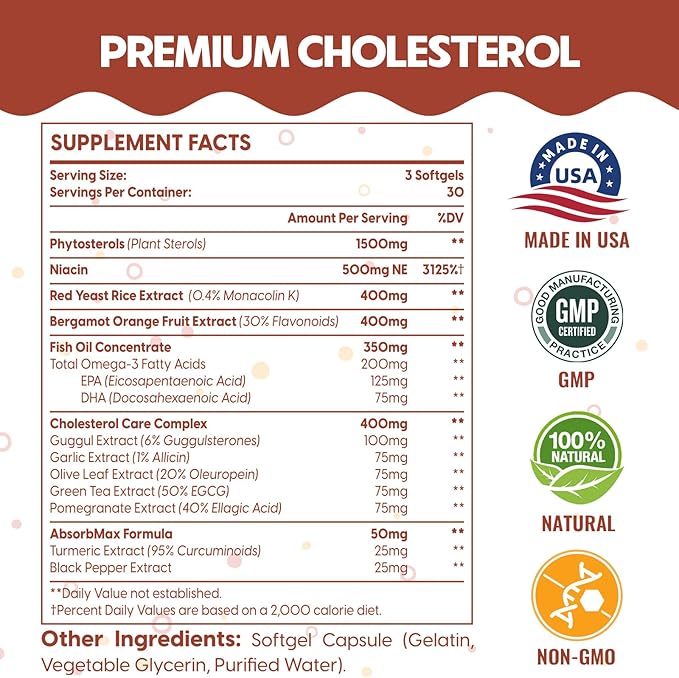 3600 MG Cholesterol Supplements with Plant Sterols, Niacin, Red Yeast Rice, Citrus Bergamot, Garlic, Cholesterol Supplement Support Normal Cholesterol Levels, 180 Softgels