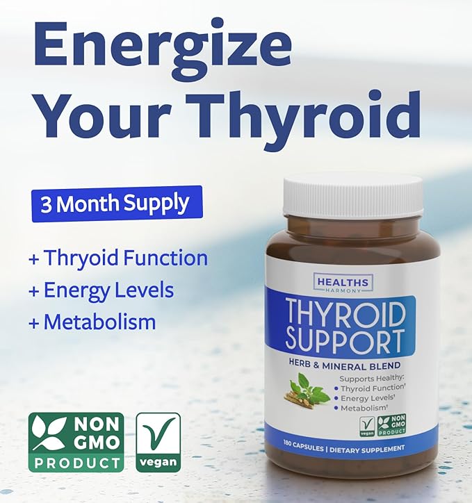 Thyroid Support with Iodine - 180 Capsules (Non-GMO) Improve Your Energy - Ashwagandha Root, Zinc, Selenium, Vitamin B12 Complex - Thyroid Health Supplement for Women and for Men - 90 Day Supply…