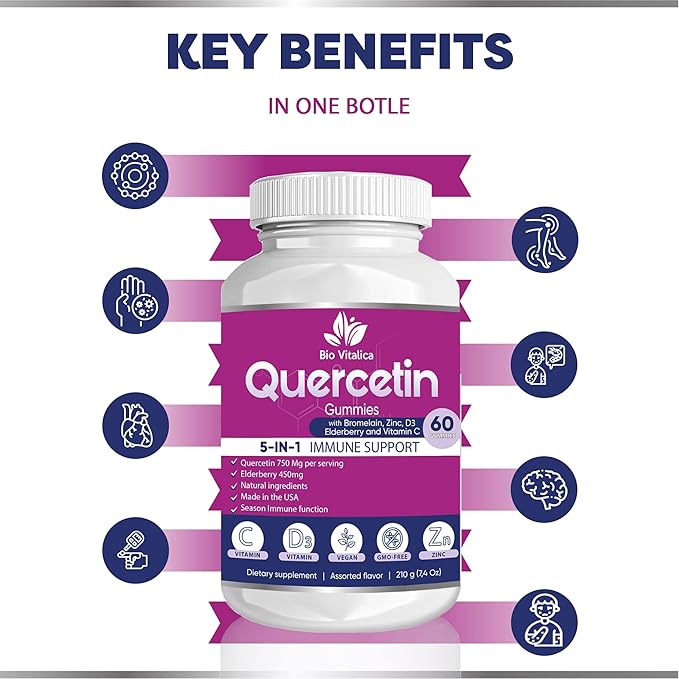 BIO VITALICA Quercetin Gummies by BioVitalica - Quercetin with Bromelain Vitamin C and Zinc & Elderberry + Vitamin D3-5 in 1 Immune Support - Zinc Quercetin 750 mg for Kids and Adult (6, Quercetin)