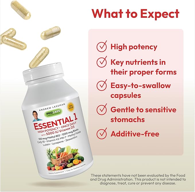 ANDREW LESSMAN Essential-1 Multivitamin 5000 IU Vitamin D3 180 Small Capsules – 100 mcg Methyl B12. CoQ10 Lutein Lycopene Zeaxanthin. High Potency. No Additives. Gentle Ultra-Mild. One Daily Capsule