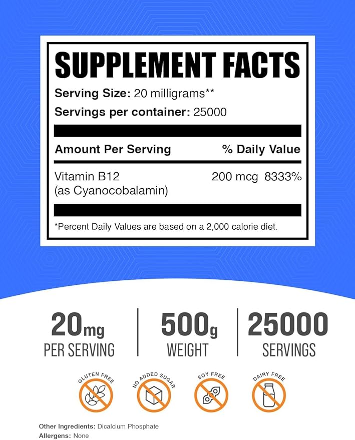 BulkSupplements.com Vitamin B12 Powder - as Cyanocobalamin, Vitamin B Supplement, Vitamin B12 200 mcg - Essential Vitamin, Gluten Free, 20mg per Serving, 500g (1.1 lbs) (Pack of 1)