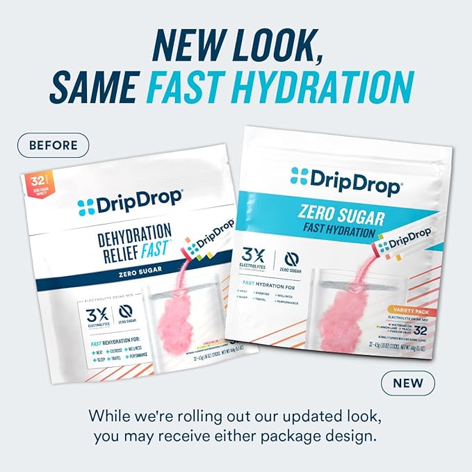 DripDrop Hydration - Zero Sugar Variety Pack - Electrolyte Drink Mix Hydration Powder Packets - Lemon Lime, Watermelon, Peach, Passion Fruit | Non-GMO, Gluten Free, Vegan | 32 Sticks