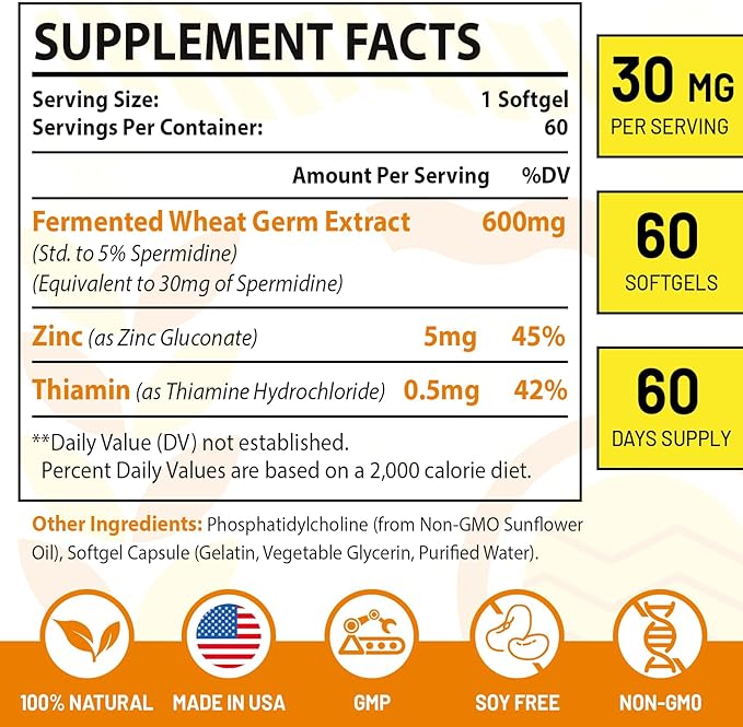 30mg Spermidine Supplement, Liposomal Spermidine, High Absorption, More Potent Than Spermidine 3HCL, Fermented Wheat Germ Extract, Spermidine for Women & Men, Cellular Renewal, Longevity, 60 Softgels