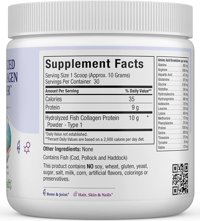 Maxi Health Collagen Powder - Collagen Protein Powder - Marine Collagen Powder for Women & Men - Type I Unflavored Fish Collagen Hydrolyzed Collagen Protein - Hair Growth & Skin Supplement (10.75 oz)