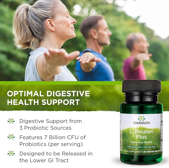 Swanson L. Reuteri Probiotic Plus w/L. Rhamnosus L. Acidophilus & FOS Prebiotic Digestive Support - Promotes Gut Health w/ 7 Billion CFU per Capsule - (30 Veggie Capsules)