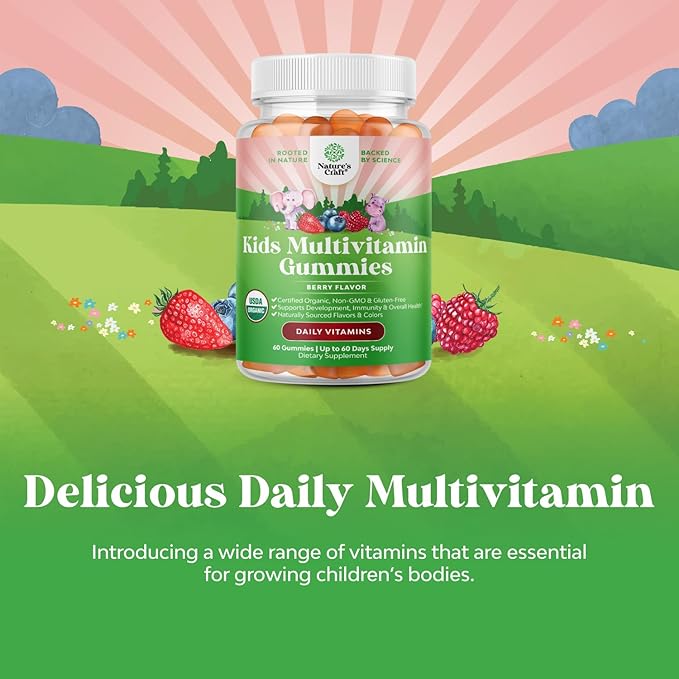 USDA Organic Kids Multivitamin Gummies - Vegan Organic Multivitamin for Kids 2+ with 14 Essential Vitamins and Minerals - Daily Kids Gummy Multivitamins - Vegan Nut Free & Non-GMO (60 Count)