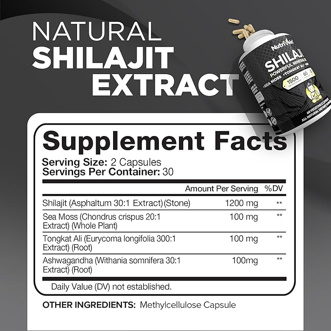 Nutrivein Shilajit Supplement 1500mg - Pure Himalayan Shilajit - Powerful Resin Extract Blended with Sea Moss, Tongkat Ali & Ashwagandha - 60 Servings