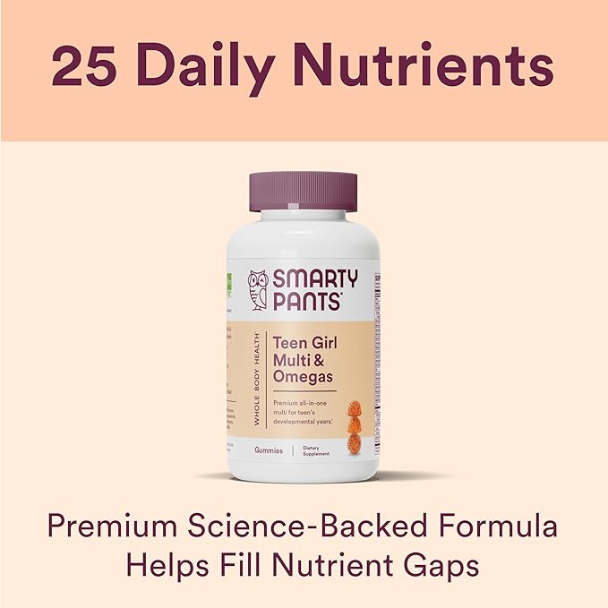SmartyPants Teen Girl Multivitamin Gummies: Omega 3 Fish Oil (EPA/DHA), Vitamin D3, C, Vitamin B12, B6, Vitamin A, K & Zinc, Gluten Free, Three Fruit Flavors, 120 Count (30 Day Supply) (Pack of 2)