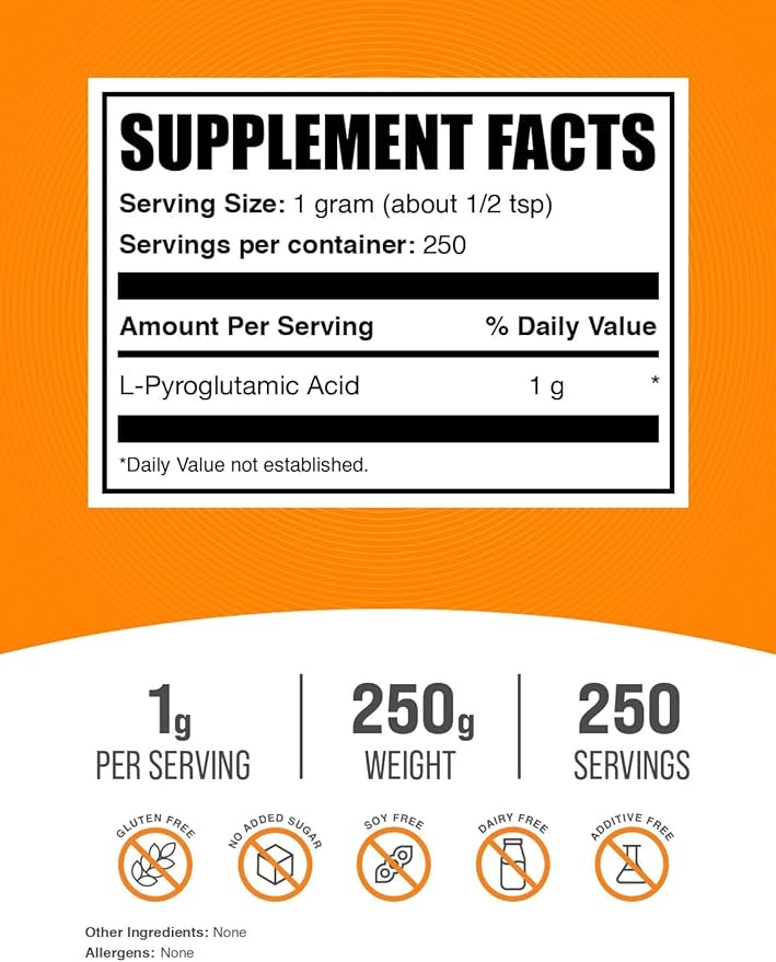 BulkSupplements.com L-Pyroglutamic Acid Powder - Pyroglutamic Acid Supplements, Amino Acid Supplement - for Well-Being, Gluten Free, 1000mg per Serving, 250g (8.8 oz) (Pack of 1)