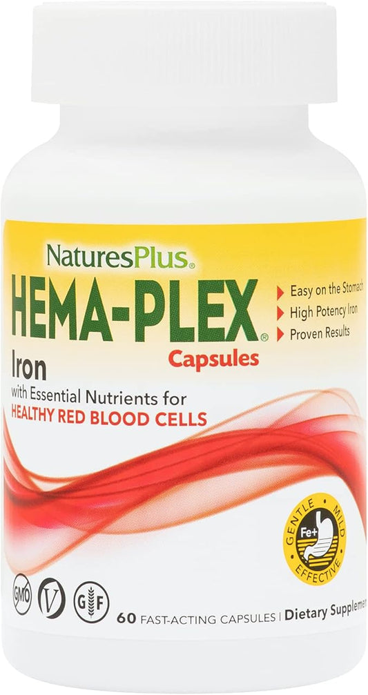 Natures Plus Hema-Plex Iron - 60 Slow-Release Mini-Tabs - 85 mg Chelated Iron - Total Blood Health - with Vitamin C & Bioflavonoids - Vegan, Gluten Free - 30 Servings