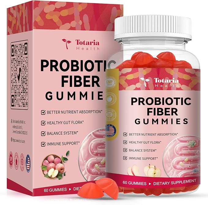 9-in-1 Probiotic Fiber Gummies for Adults & Teens 16G Fiber per Serving, Psyllium Fiber Supplement with 5 Billion CFU Bacillus Coagulans, Inulin, ACV for Digestive, Gut & Immune Wellness - 60 Gummies