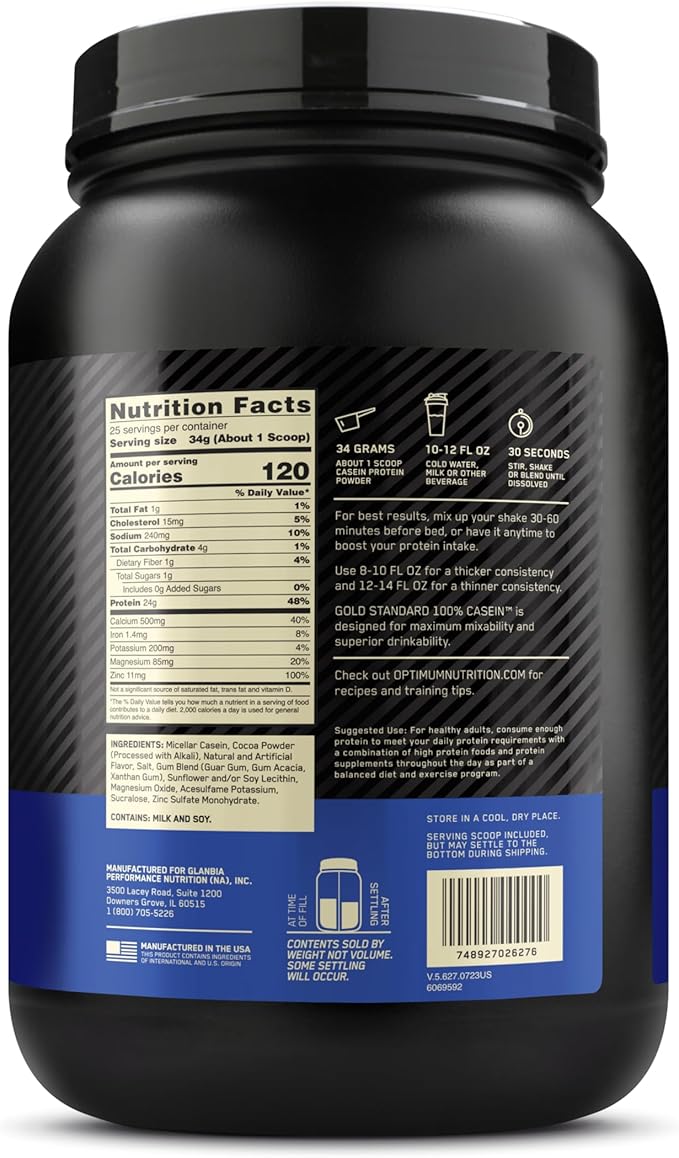 Optimum Nutrition Gold Standard 100% Micellar Casein Protein Powder, Slow Digesting, Helps Keep You Full, Overnight Muscle Recovery, Chocolate Peanut Butter, 1.87 Pound (Packaging May Vary)