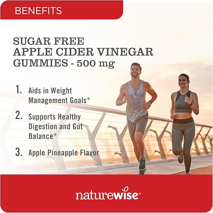 NatureWise Apple Cider Vinegar ACV Gummies - 1000mg ACV per 2, Sugar Free, Vegan - Energy & Gut Health - ACV Gummies W/Vitamin B12-90 Gummies[1.5-Month Supply for 1000mg / 3-Month Supply for 500mg]
