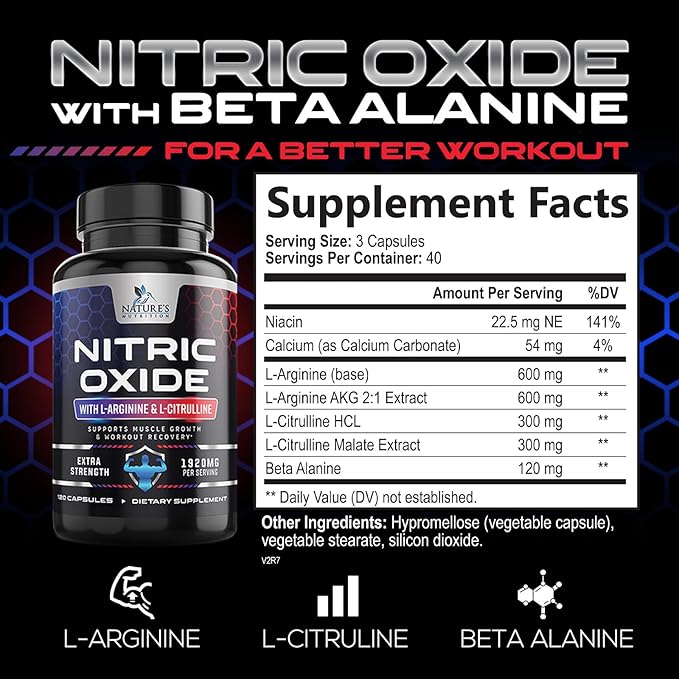 Extra Strength Nitric Oxide Supplement L Arginine 3X Strength - Citrulline Malate, AAKG, Beta Alanine - Premium Muscle Supporting Nitric Oxide Booster for Strength & Energy Supplements - 120 Capsules