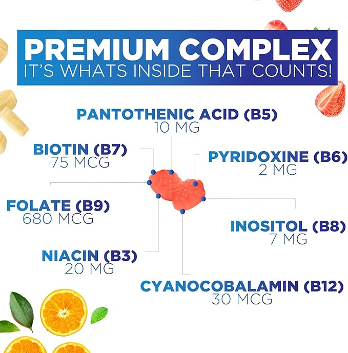 Super B Complex Gummy with Vitamin C & Folic Acid, Extra Strength Vitamin B Gummies Supplement with Niacin, B6, Folic Acid, B12, Biotin, Nature's Energy Immune Support Supplements - 120 Gummies