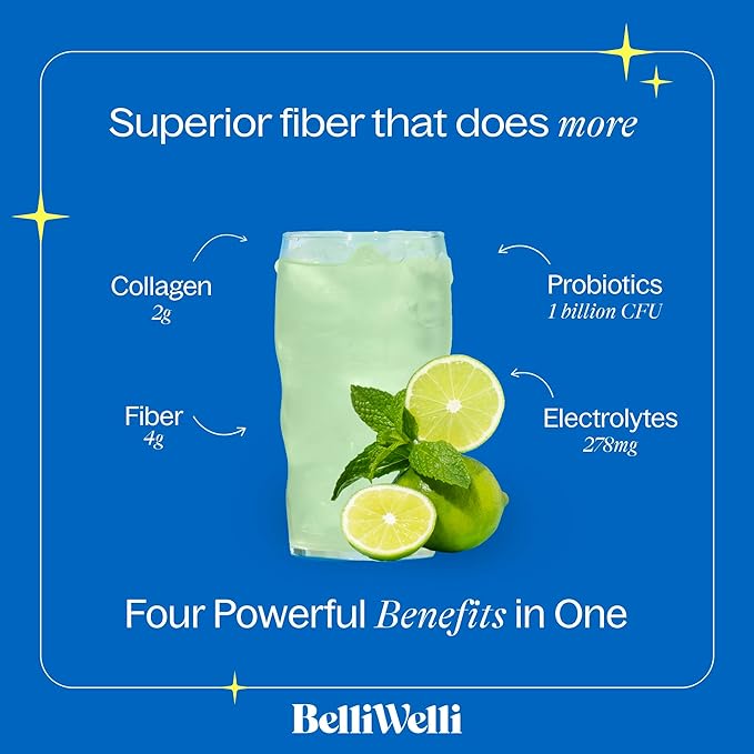 Daily Fiber Supplement with Added Collagen, Probiotics and Electrolytes | Supports Digestive Health and Regularity | Cucumber Lime Mint | 16 Servings