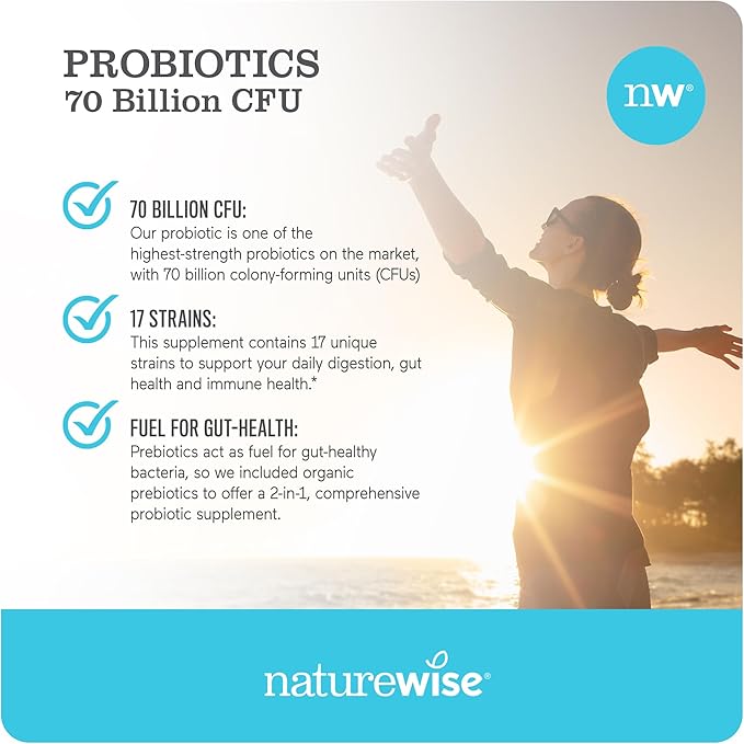 NatureWise Probiotics 70 Billion CFU - 17 Strains + Organic Prebiotics - Immune, Digestive & Gut Health Support for Women & Men - Vegetarian, Gluten-Free, Non-GMO - 60 Capsules[2-Month Supply]