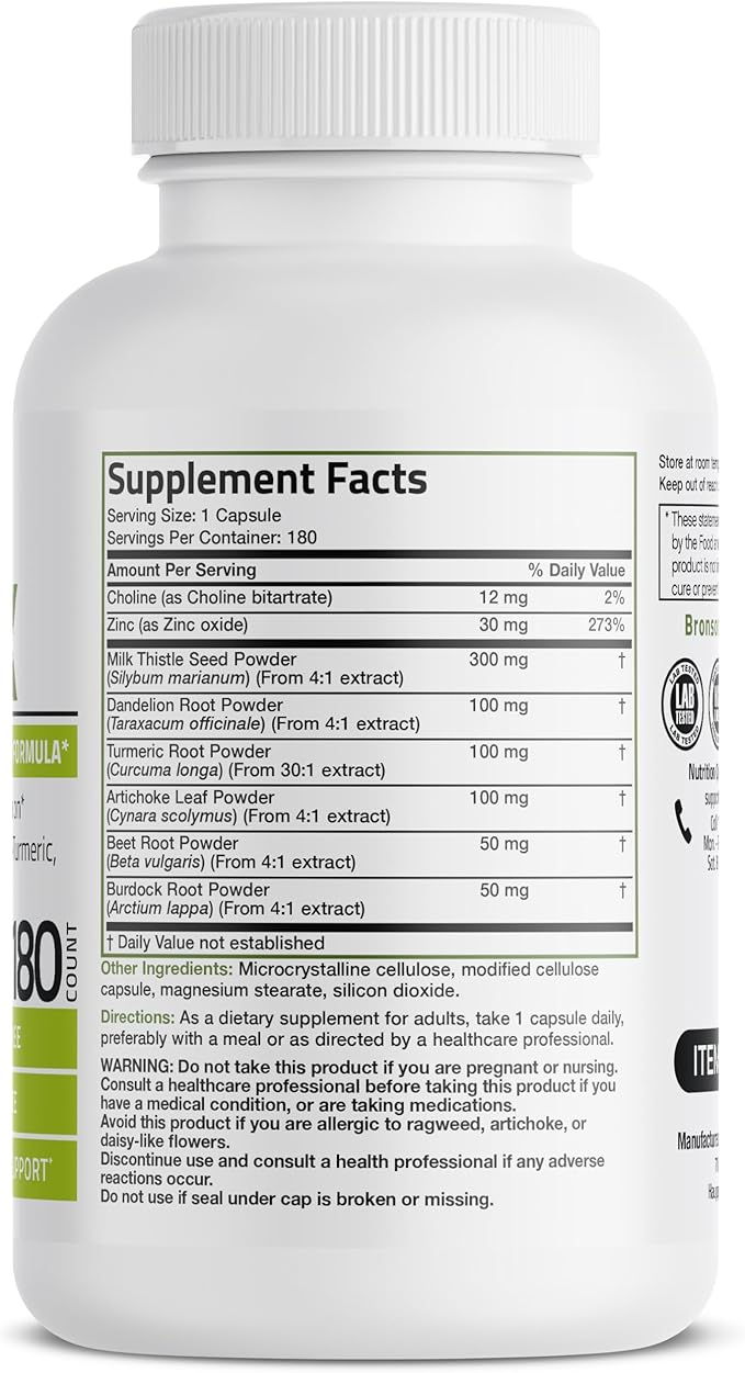 Bronson Liver Detox Advanced Detox & Cleansing Formula Supports Health Liver Function with Milk Thistle, Dandelion Root, Turmeric, Artichoke Leaf & More, Non-GMO, 180 Vegetarian Capsules