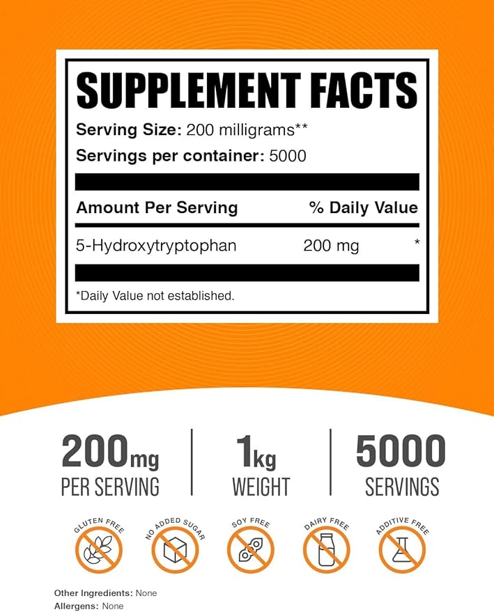 BulkSupplements.com 5-HTP Powder - 5-Hydroxytryptophan, 5 HTP Supplement - 5-HTP 200mg, Mood Support Supplement - Gluten Free, 200mg per Serving, 1kg (2.2 lbs) (Pack of 1)