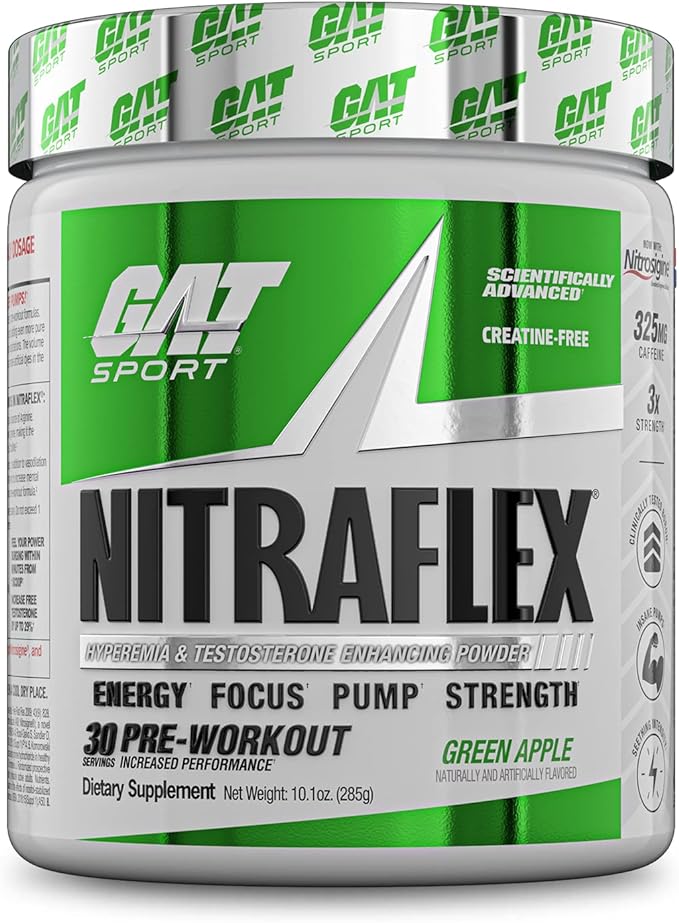 GAT SPORT Nitraflex Advanced Pre-Workout Powder, Increases Blood Flow, Boosts Strength and Energy, Improves Exercise Performance, Creatine-Free (Green Apple, 30 Servings)