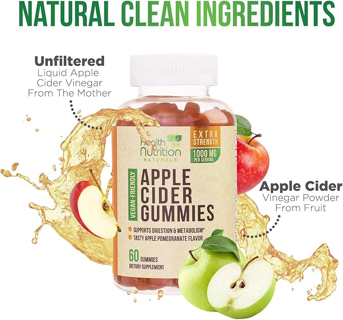 Vegan Apple Cider Vinegar Gummies | Max Strength 1000mg | ACV Supplement Gummy Vitamins for Adults, Supports Digestion, Metabolism, Natural Apple Flavor with Mother, Gluten Free, Non-GMO - 60 Gummies