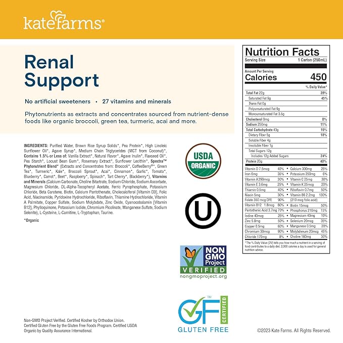 KATE FARMS Organic Plant Based 1.8 Renal Support Shake, Vanilla, 20g Protein, 27 Vitamins and Minerals, Specialized Dialysis Nutrition Support, Gluten Free and Non-GMO 8.45 oz (6 Pack)