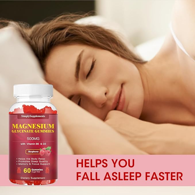 Magnesium Glycinate Gummies 500mg, Chewable Magnesium Supplement with Vitamin D3, B6, CoQ10, for Relaxation, Sleep & Mood Support, Calm Magnesium Gummies - 60 Raspberry Gummies