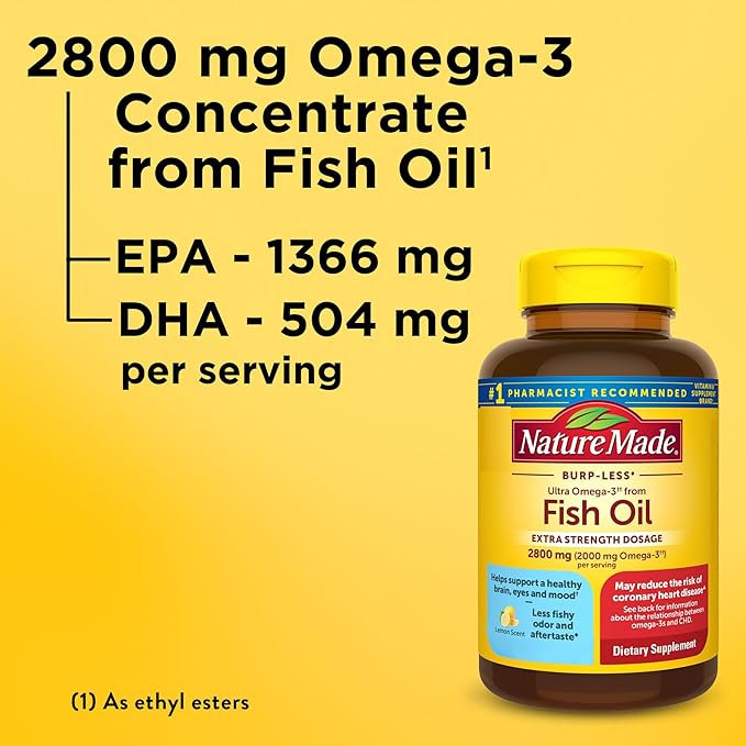 Nature Made Extra Strength Omega 3 Fish Oil 2800 mg per serving, Fish Oil Supplements as Ethyl Esters, Omega 3 Supplement for Healthy Heart, Brain, Eyes, and Mood Support, 60 Softgels, 30 Day Supply