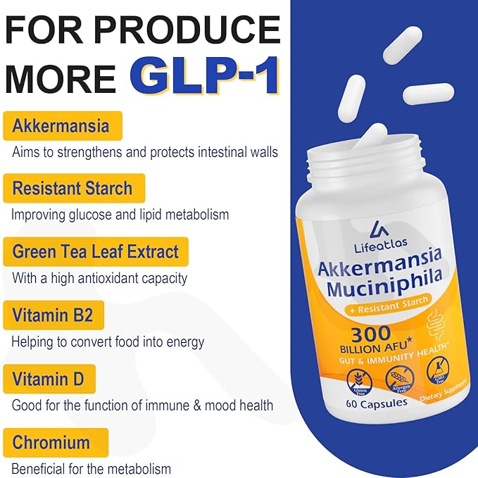 GLP-1 Supplement | 300 Billion AFU Akkermansia Muciniphila, Akkermansia Probiotic for Women Men, Akka Superbiotics for GLP-1 Production, Digestive, Gut, Immunity, Enhances Gut Lining Function, 60 Caps