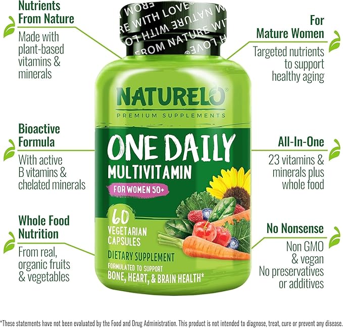 NATURELO One Daily Multivitamin for Women 50+ (Iron Free) - Menopause Support for Women Over 50 - Whole Food Supplement - Non-GMO - No Soy - 60 Capsules - 2 Month Supply