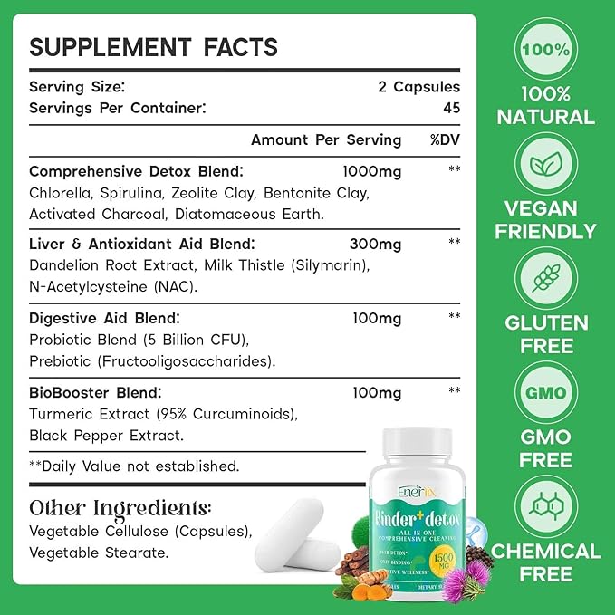15-in-1 Detox Binder, Activated Charcoal, Zeolite & Bentonite Clay, Chlorella, 1500 MG Supplement Maximum Absorbent, Liver Gut Digestive Toxin Detox Cleanse, 270 Vegan Capsules