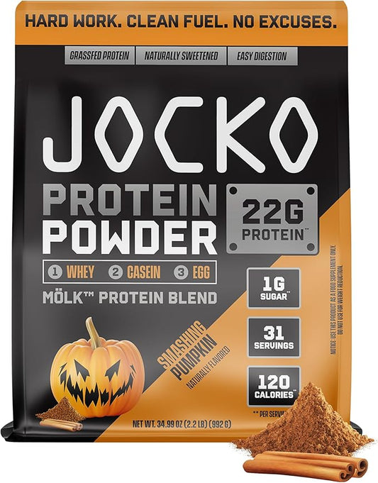 Jocko Mölk Whey Protein Powder 22g Sugar Free Monk Fruit Blend - Muscle Recovery & Growth, Packaging May Vary (31 Servings, Pumpkin)