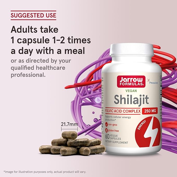 Jarrow Formulas® Shilajit 250 mg, Dietary Supplement, Shilajit Acid Complex for Cellular Energy Production, 60 Veggie Capsules, 60 Day Supply