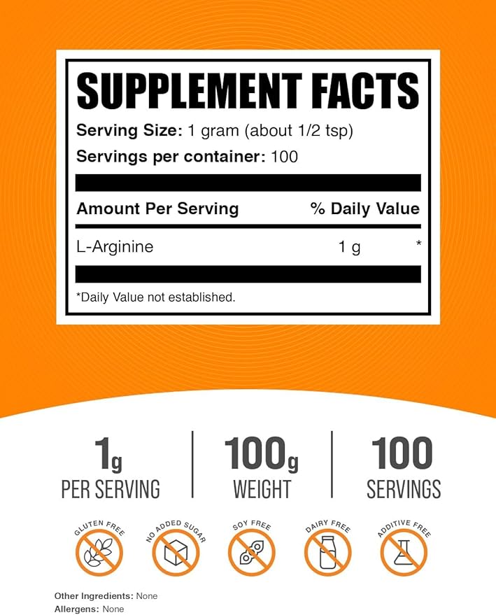 BulkSupplements.com L-Arginine Powder - Arginine 1000mg, Arginine Supplement - Nitric Oxide Supplement, Unflavored & Gluten Free, 1000mg per Serving, 100g (3.5 oz) (Pack of 1)