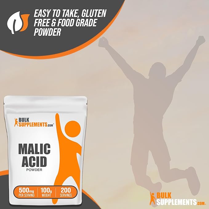 BulkSupplements.com Malic Acid Powder - Malic Acid Supplement, Malic Acid Powder Food Grade - for Energy & Skin Support, Gluten Free - 500mg per Serving, 100g (3.5 oz)