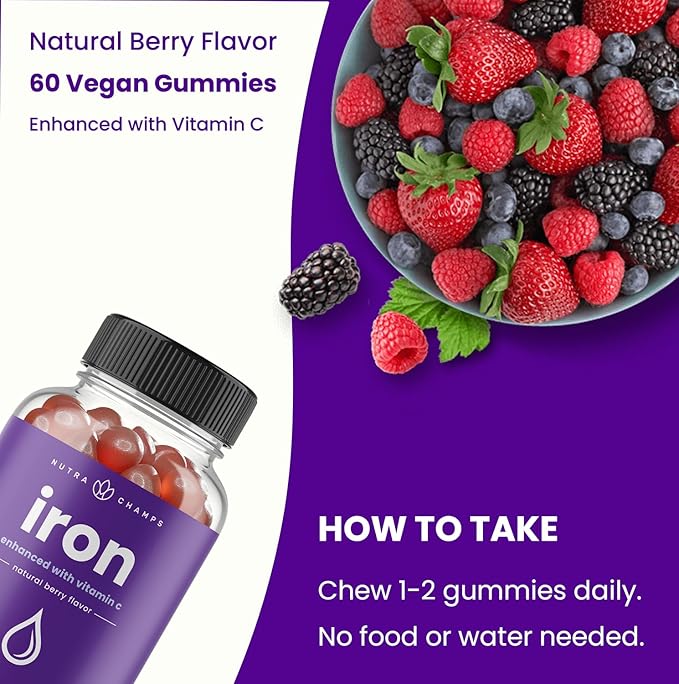 Iron Gummies with Vitamin C | 20mg Iron Gummies for Women, Men & Kids | Blood Cell Formation Support | 60 Gummies | Vegan Iron Gummy for Iron Deficiency & Anemia | Energy, Focus, Immune Boost