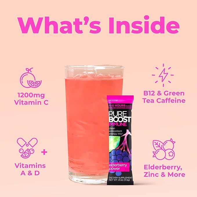 Pureboost Immune Clean Energy Booster, Refreshing Energy Drink Mix and Immunity Supplement with Elderberry, 1,200 mg Vitamin C, Vitamins A + D, and Zinc. Sugar-Free Energy (Elderberry Power, 30 Count)