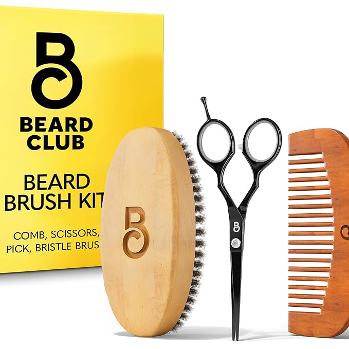The Beard Club Beard Brush, Beard Comb and Scissors - Beard Kit for Men Grooming and Care for Beards and Mustaches - Gift Set