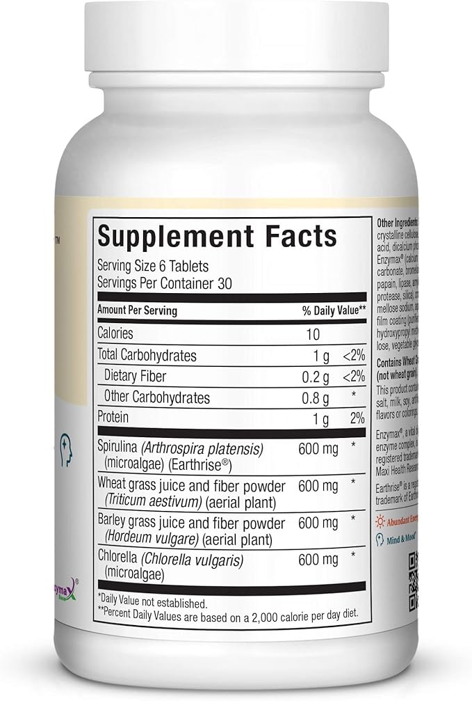 Maxi Health Green Vitality - Green Superfood - Energy and Mood Formula - 180 Tablets - Kosher