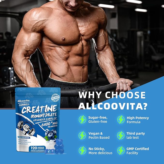 Creatine Monohydrate Gummies Complex 6400mg for Men & Women - 120 Gummies Advanced Formula, L-Taurine + Vitamin B12 for Muscle Strength, Muscle Builder, Energy Boost, Pre-Workout Supplement -Blueberry