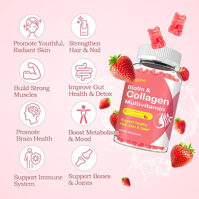 Collagen Gummies for Women Men, 2500mg Protein Type I,II,III,V,X with 15000mcg Biotin Keratin Vitamin C A B6 B12 D E for Skin Hair Nails Joints Immunity Energy Digestion 60 Strawberry Flavored Gummies